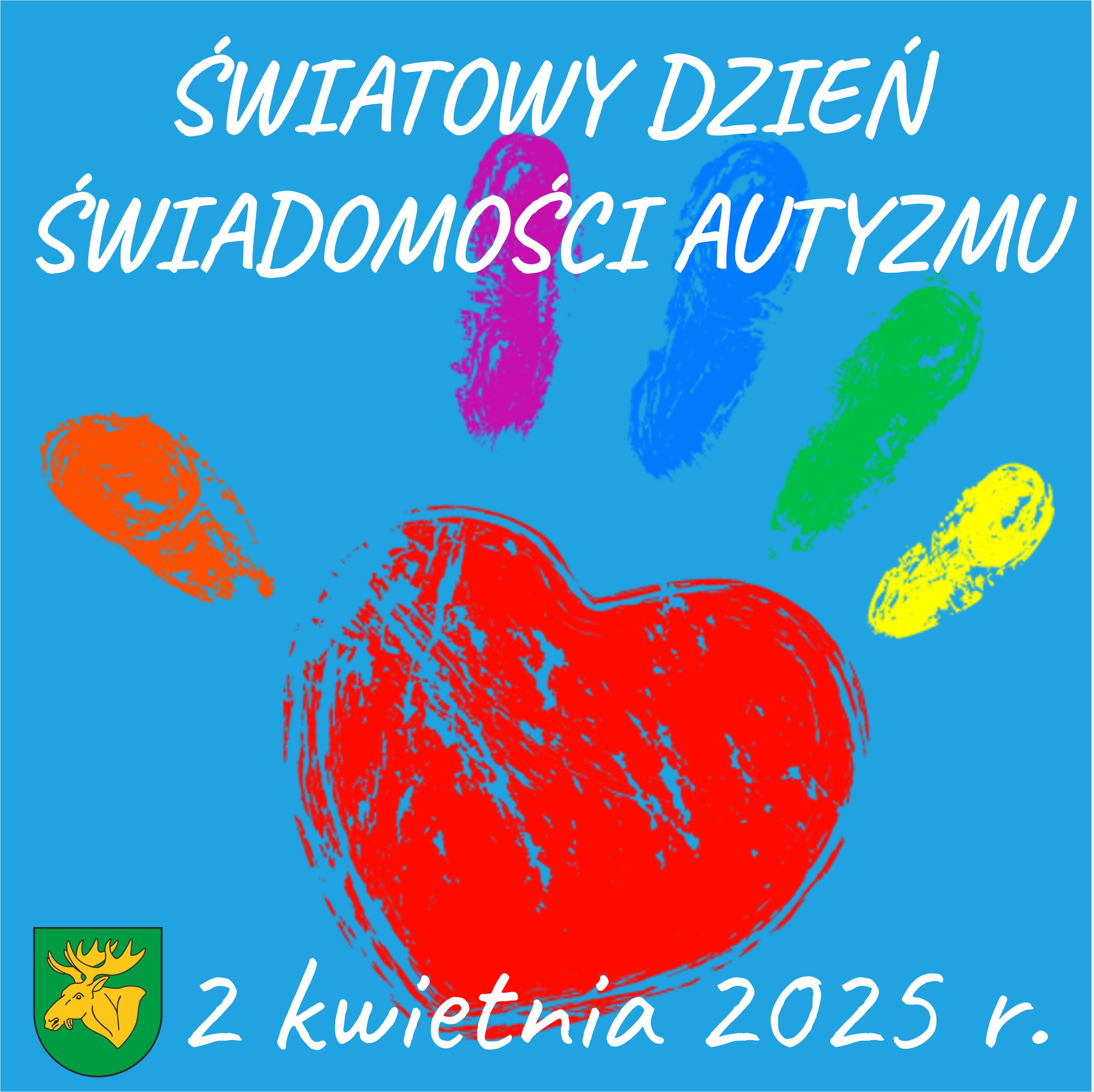Grafika przedstawiająca symbol autyzmu na niebieskim tle napis "Światowy dzień świadomuści autyzmu. Pod grafiką herb Łochowa i data 2 kwiatnia 2025 rok.