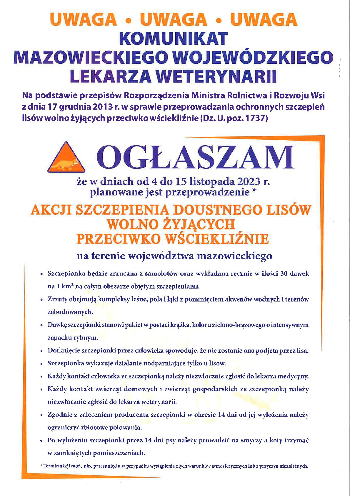 Akcja szczepienia doustnego lisów wolno żyjących przeciwko wściekliźnie na terenie woj. mazowieckiego
