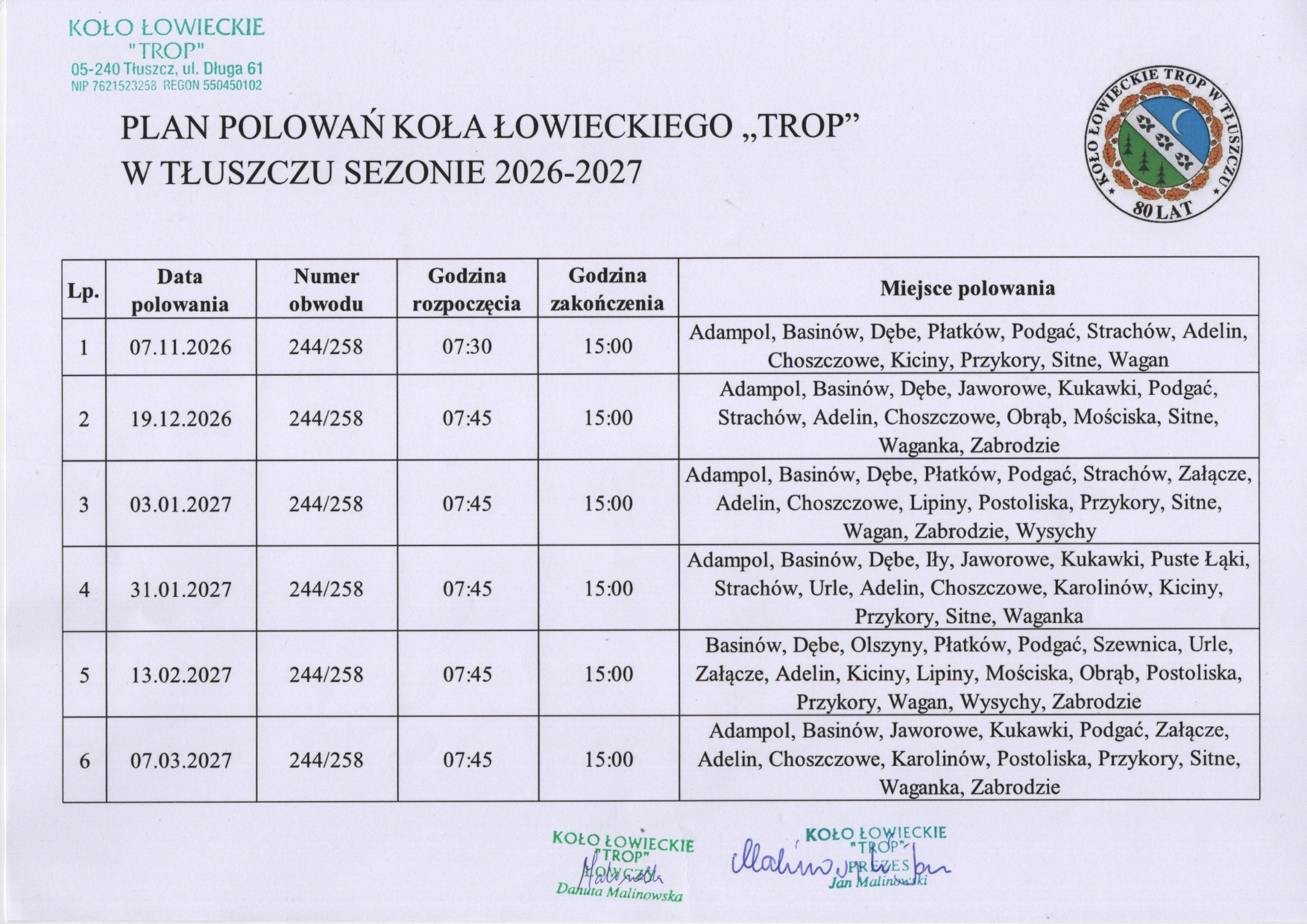 Plan polowań Koła Łowieckiego "TROP" w&nbsp;Tłuszczu w&nbsp;Sezonie 2026/2027
