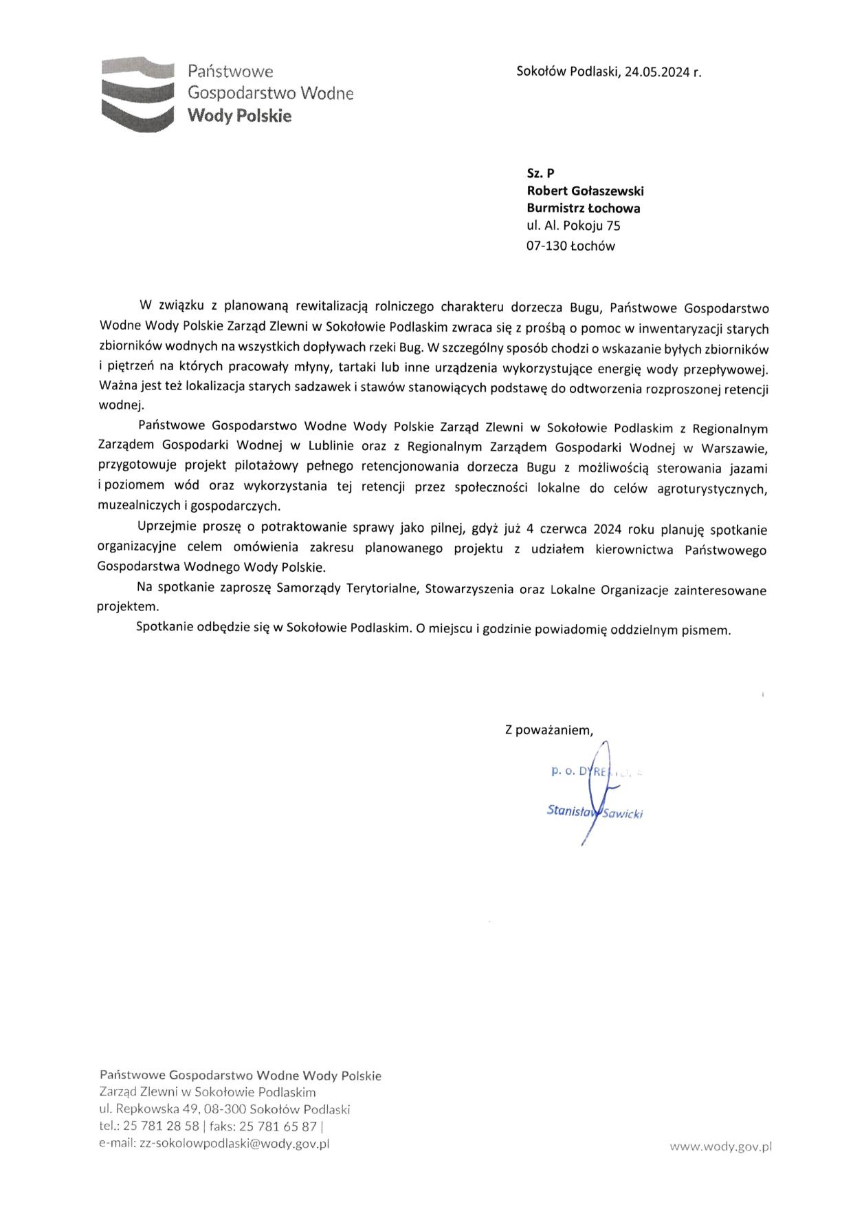 Pismo dotyczy planowanej rewitalizacji rolniczego charakteru dorzecza Bugu