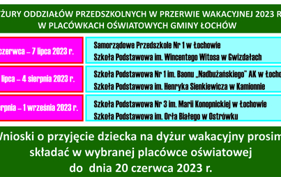 Zdjęcie do Dyżury oddział&oacute;w przedszkolnych w przerwie wakacyjnej 2023 r. w plac&oacute;wkach oświatowych Gminy Łoch&oacute;w